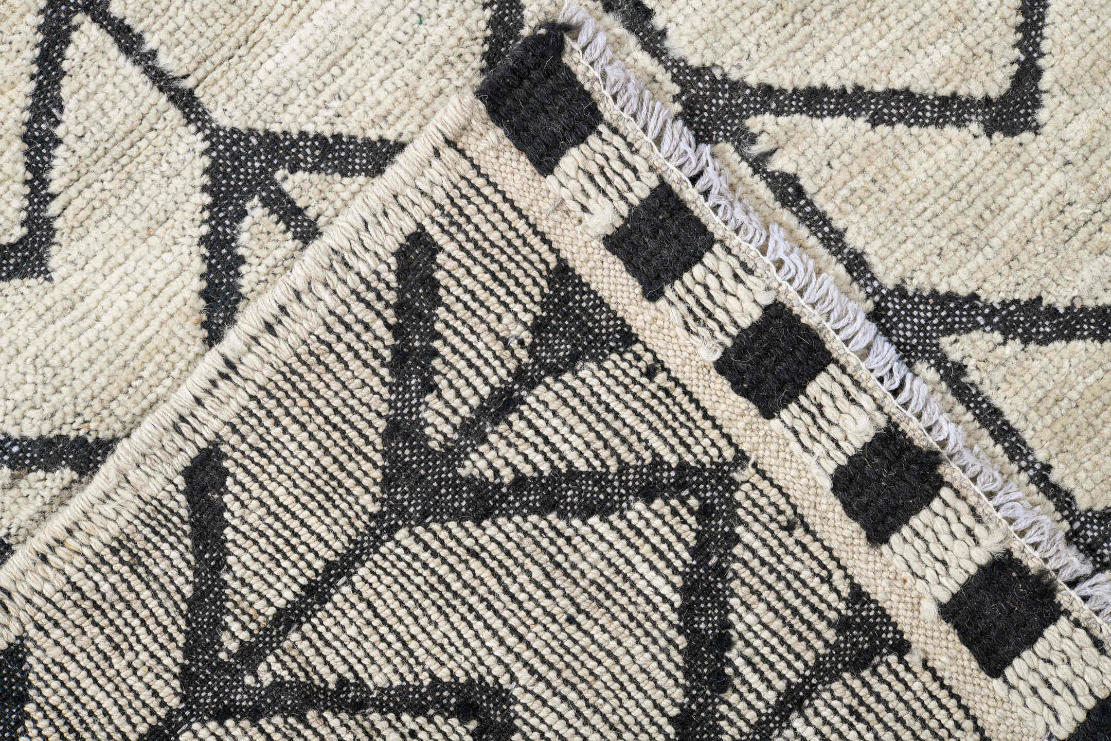 9' x 12' one-of-a-kind handmade vintage Tulu large size rug. Color palette: ivory, charcoal, gray, black