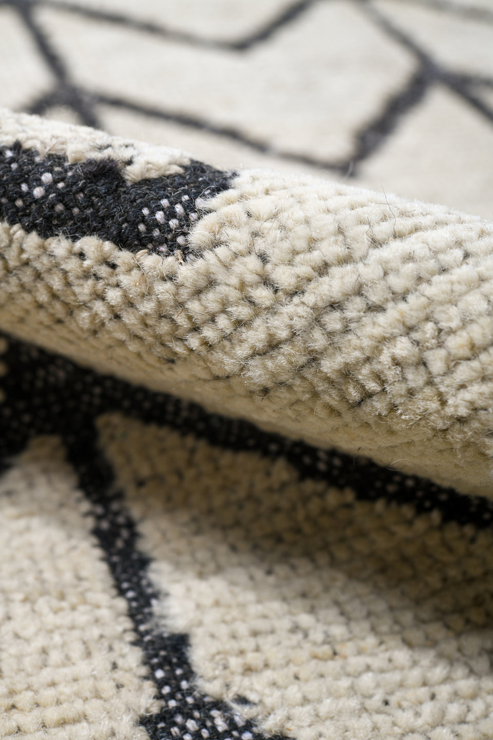 9' x 12' one-of-a-kind handmade vintage Tulu large size rug. Color palette: ivory, charcoal, gray, black