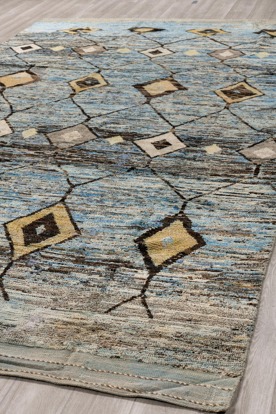 7' x 14' one-of-a-kind handmade vintage Tulu large size rug. Color palette: sky blue, charcoal, ivory, taupe, slate, cream
