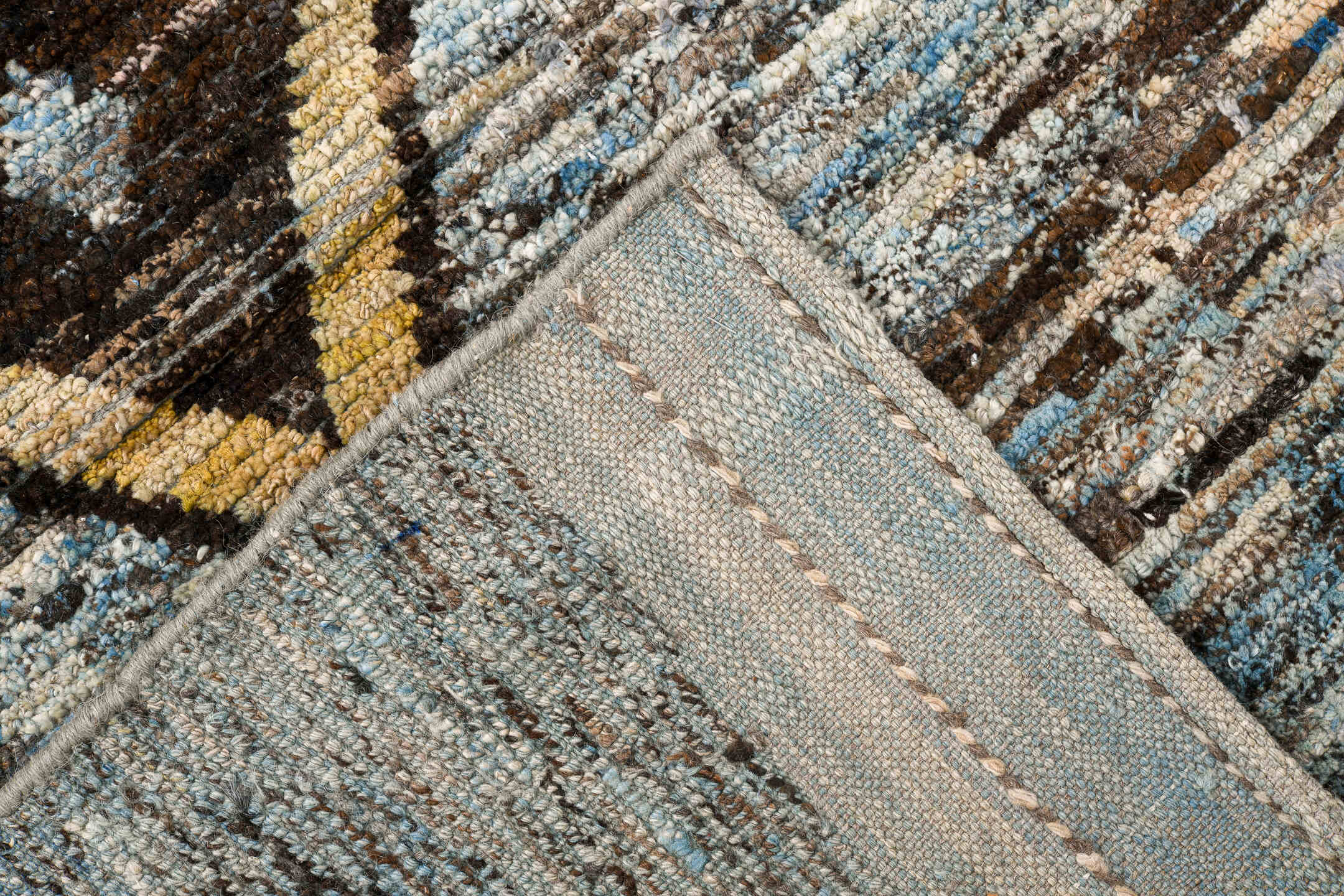 7' x 14' one-of-a-kind handmade vintage Tulu large size rug. Color palette: black, blue, brown, dark gray, gray, light gray