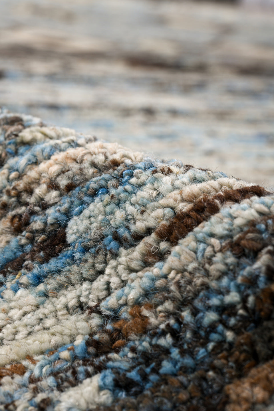 7' x 14' one-of-a-kind handmade vintage Tulu large size rug. Color palette: sky blue, charcoal, ivory, taupe, slate, cream