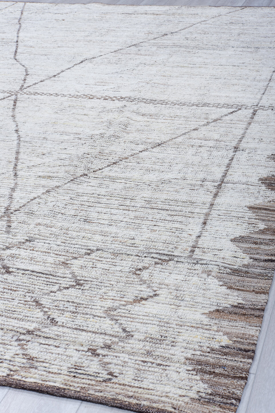 9' x 12' one-of-a-kind handmade vintage Tulu large size rug. Color palette: ivory, taupe, brown, cream, beige, gray