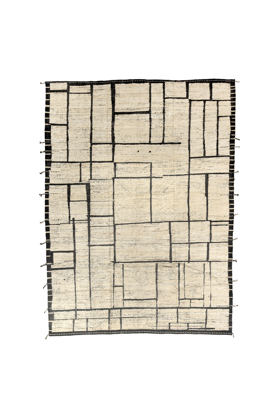 9' x 12' one-of-a-kind handmade vintage Tulu large size rug. Color palette: black, charcoal, dark gray, dim gray, gainsboro