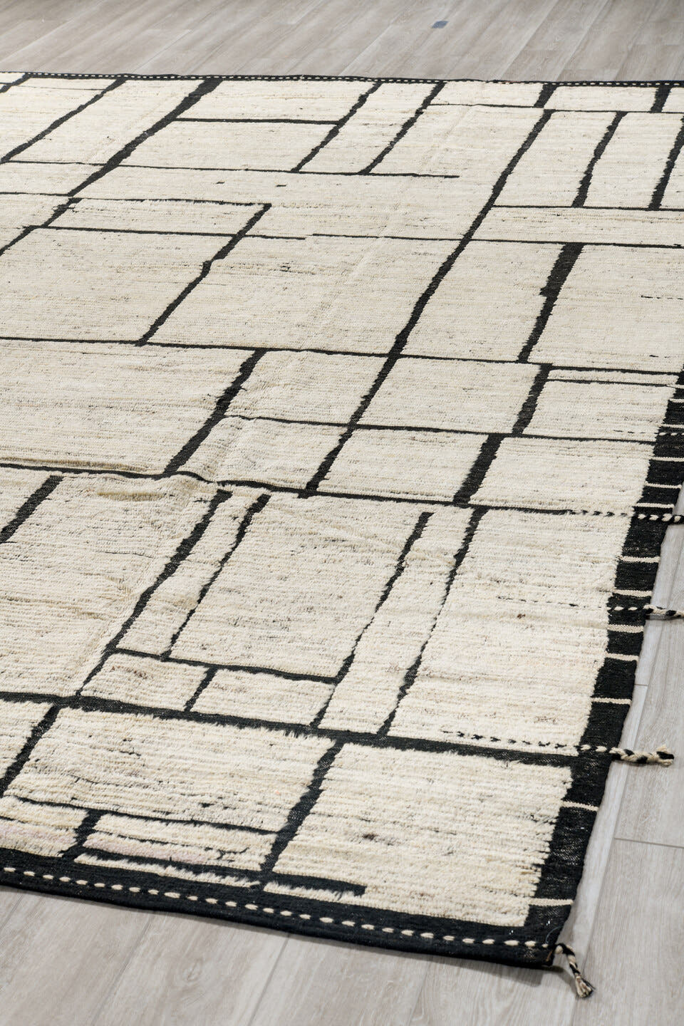 9' x 12' one-of-a-kind handmade vintage Tulu large size rug. Color palette: ivory, black, charcoal, cream, gray