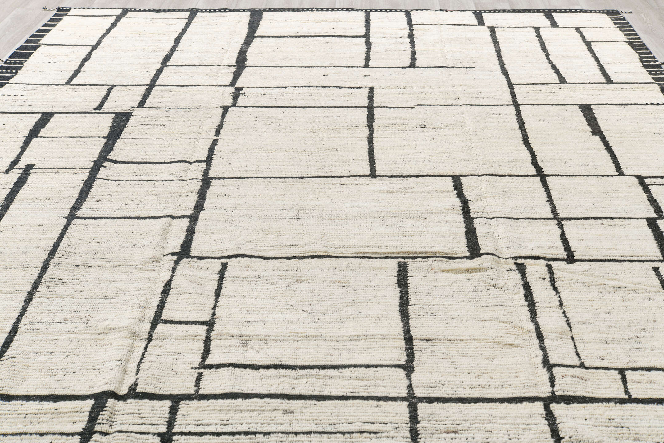 9' x 12' one-of-a-kind handmade vintage Tulu large size rug. Color palette: black, charcoal, dark gray, dim gray, gainsboro