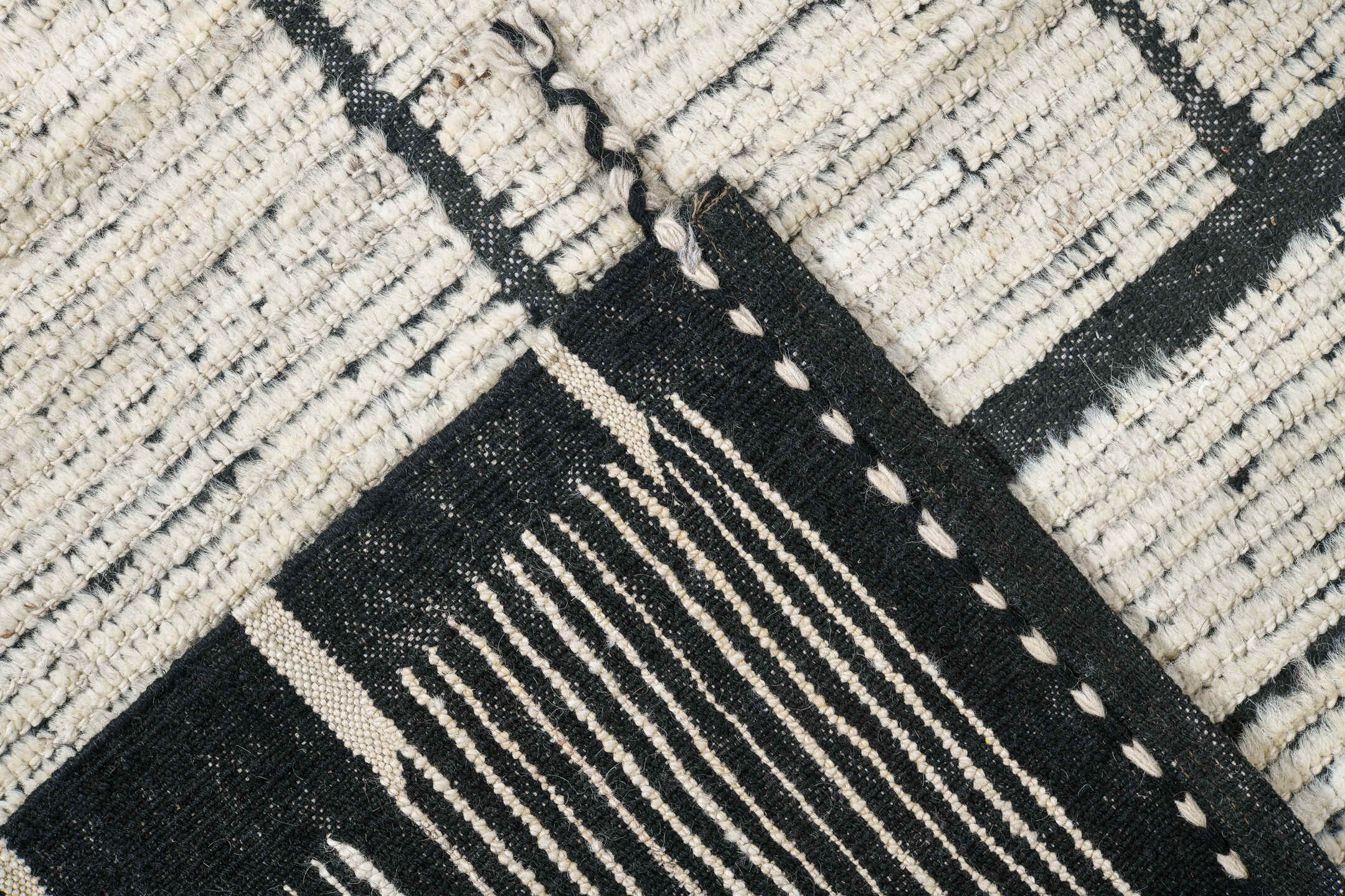 9' x 12' one-of-a-kind handmade vintage Tulu large size rug. Color palette: ivory, black, charcoal, cream, gray