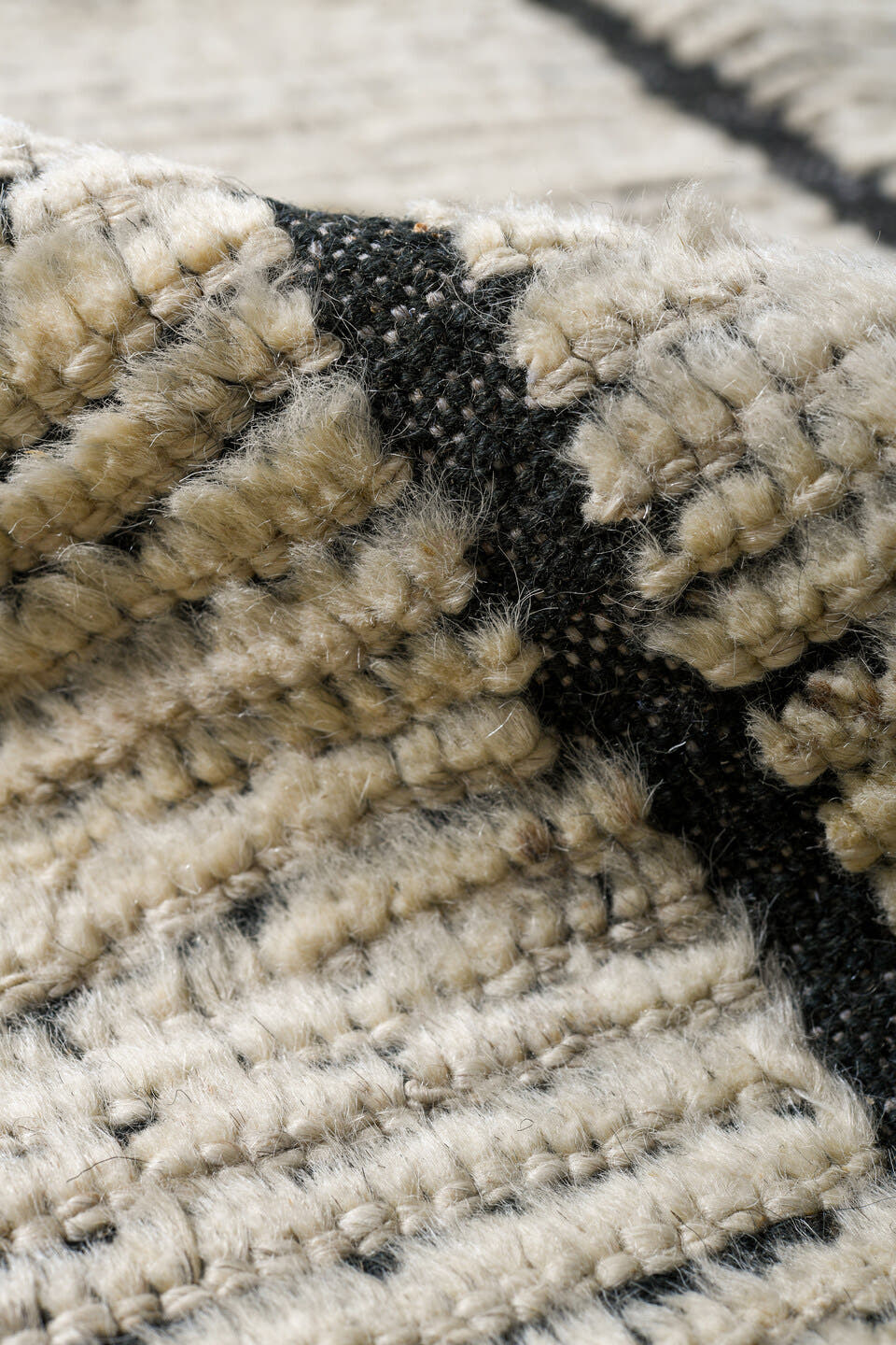 9' x 12' one-of-a-kind handmade vintage Tulu large size rug. Color palette: ivory, black, charcoal, cream, gray
