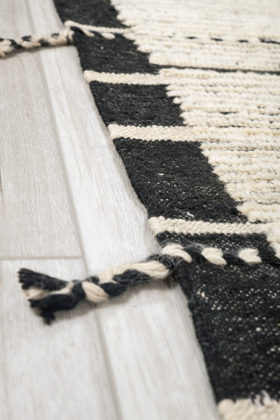 9' x 12' one-of-a-kind handmade vintage Tulu large size rug. Color palette: ivory, black, charcoal, cream, gray
