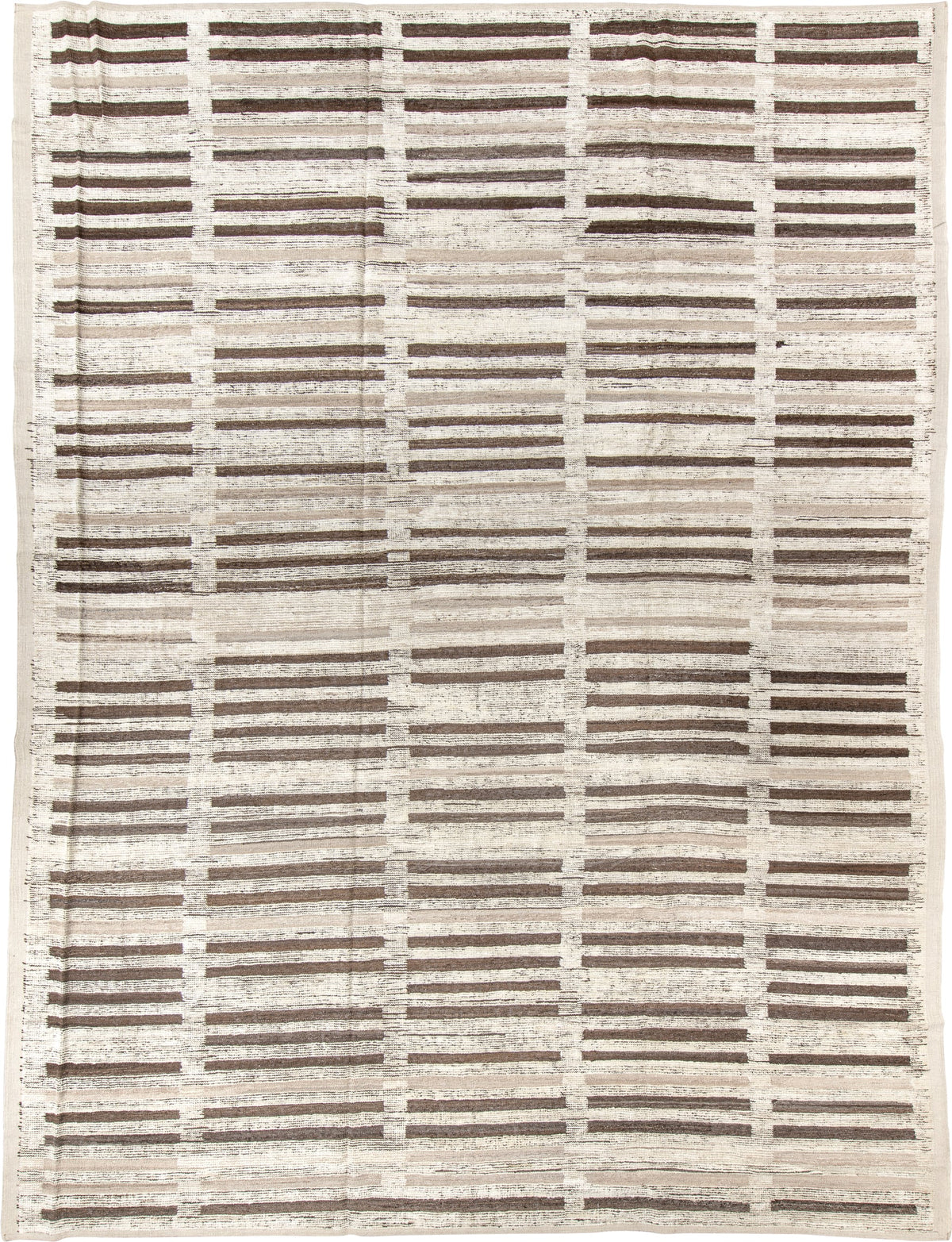 10' x 14' one-of-a-kind handmade vintage Tulu oversize rug. Color palette: ivory, taupe, brown, charcoal, gray, cream, beige