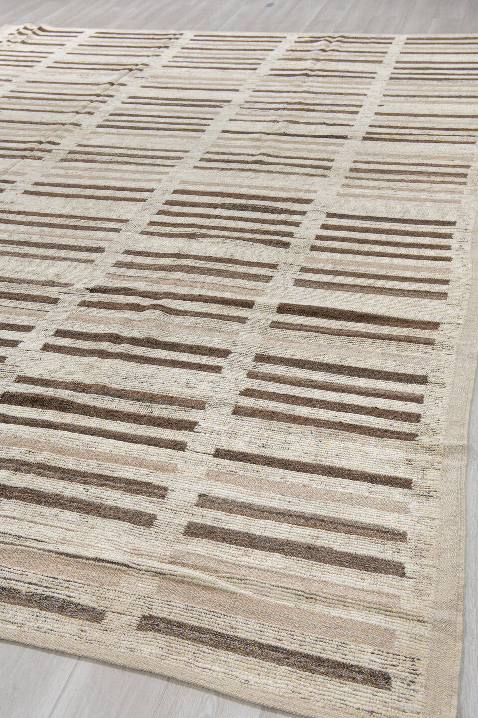 10' x 14' one-of-a-kind handmade vintage Tulu oversize rug. Color palette: ivory, taupe, brown, charcoal, gray, cream, beige