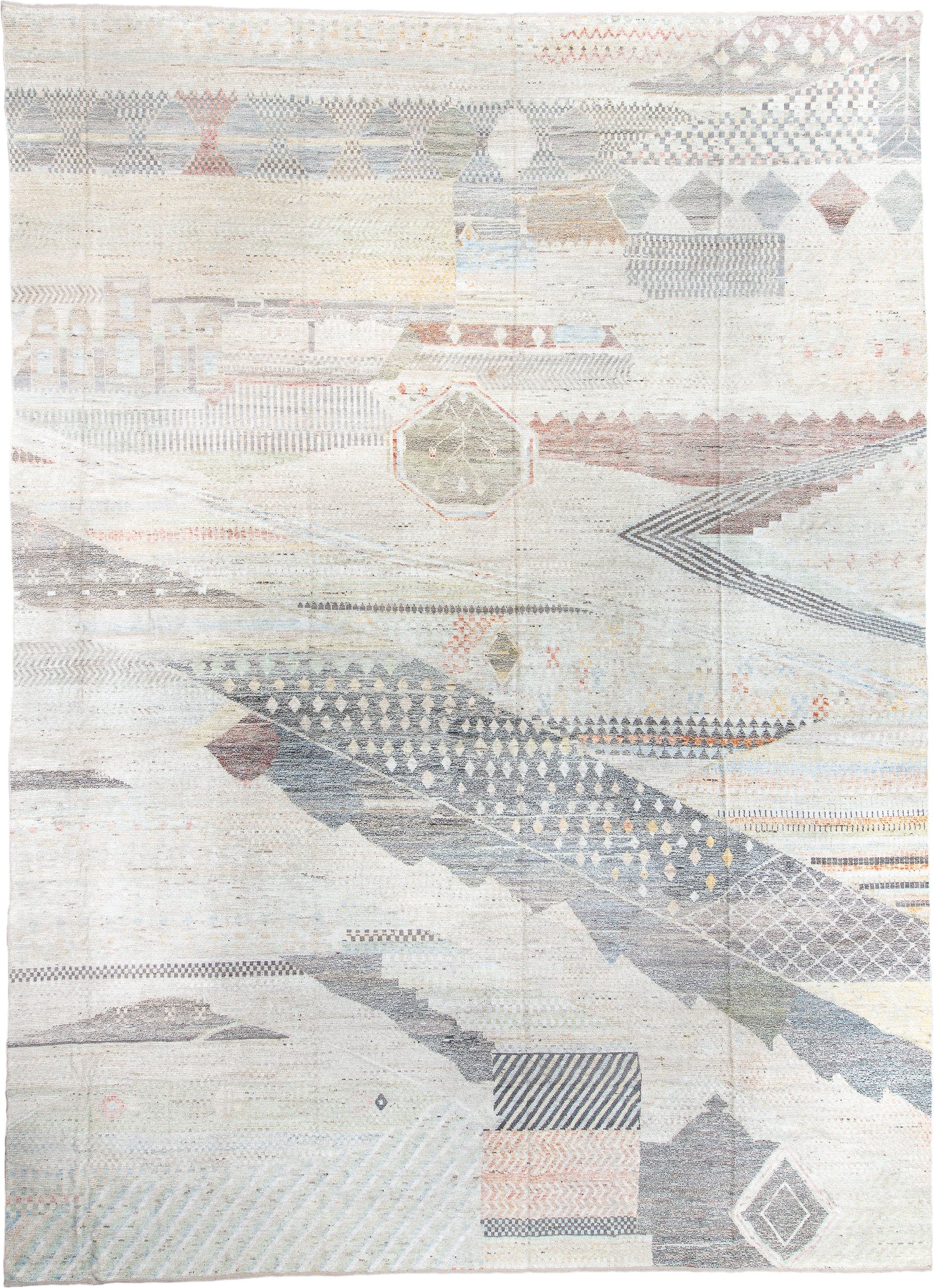 14' x 19' one-of-a-kind handmade vintage Tulu oversize rug. Color palette: ivory, gray, taupe, pale blue, blush, charcoal