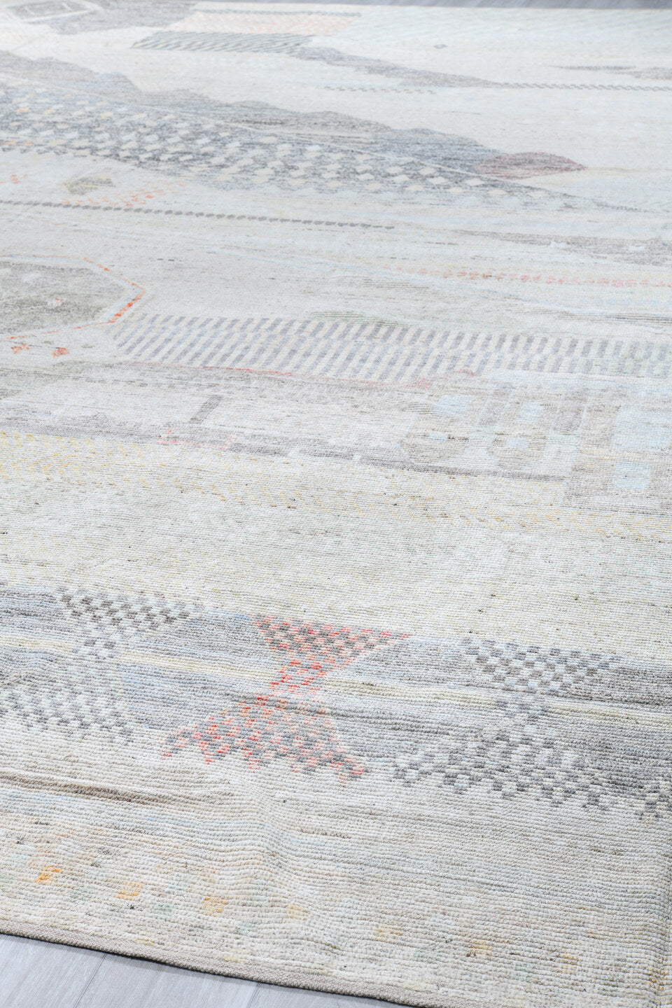 14' x 19' one-of-a-kind handmade vintage Tulu oversize rug. Color palette: ivory, gray, taupe, pale blue, blush, charcoal
