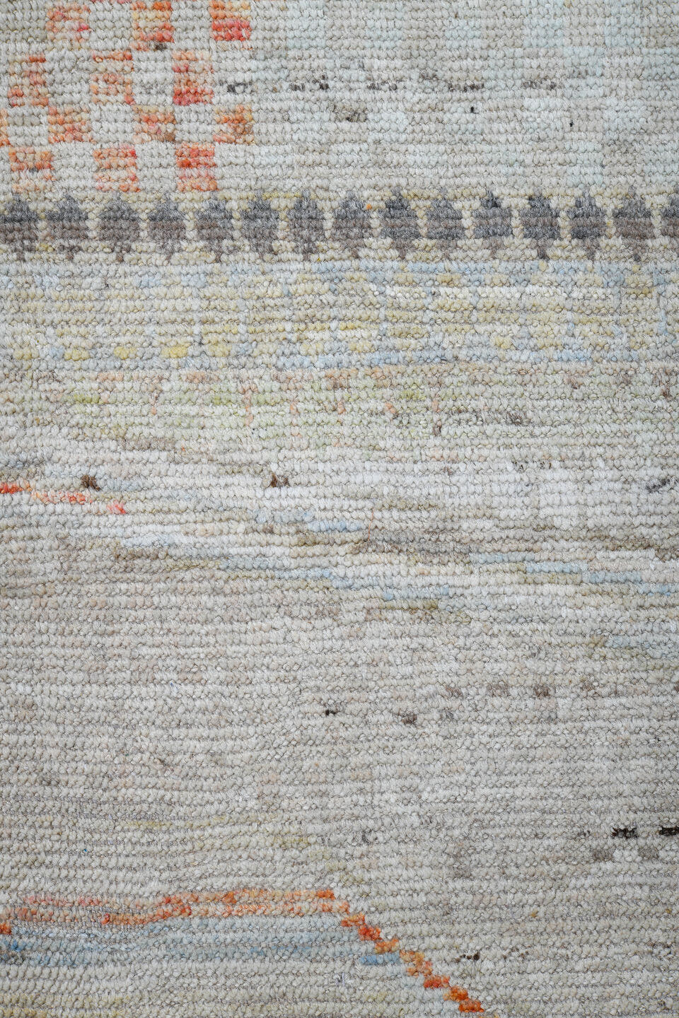 14' x 19' one-of-a-kind handmade vintage Tulu oversize rug. Color palette: ivory, gray, taupe, pale blue, blush, charcoal