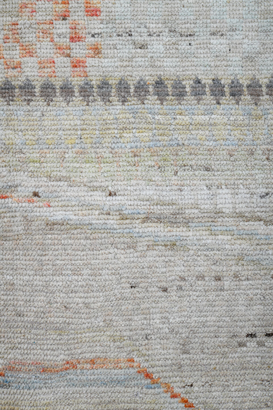 14' x 19' one-of-a-kind handmade vintage Tulu oversize rug. Color palette: ivory, gray, taupe, pale blue, blush, charcoal