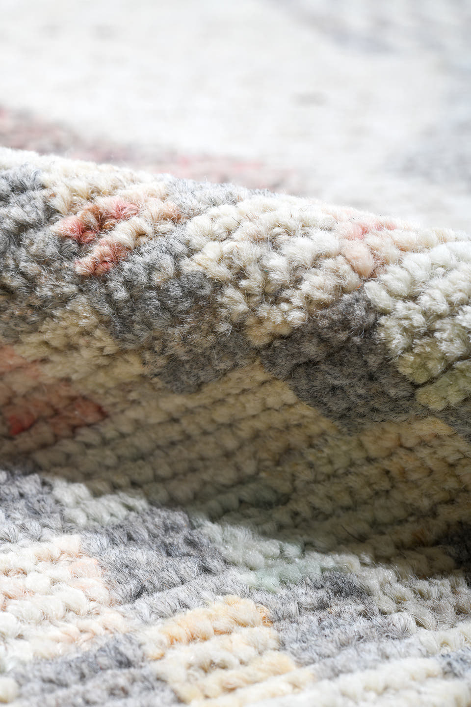 14' x 19' one-of-a-kind handmade vintage Tulu oversize rug. Color palette: ivory, gray, taupe, pale blue, blush, charcoal