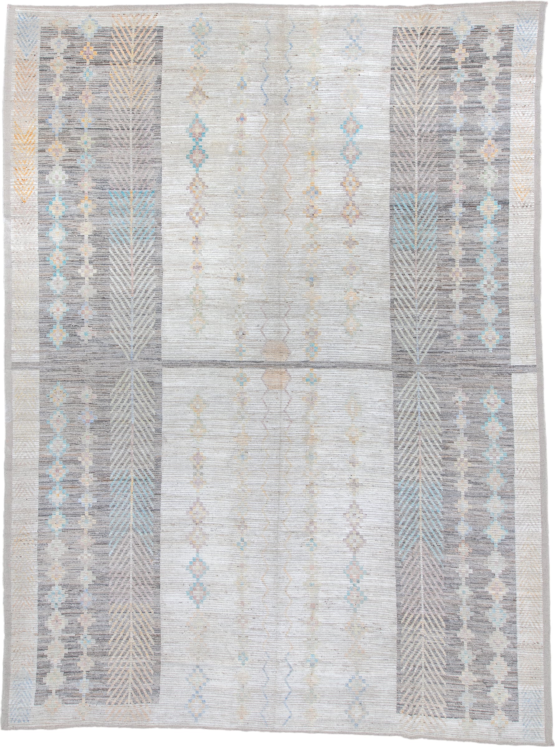 13' x 17' one-of-a-kind handmade vintage Tulu oversize rug. Color palette: ivory, gray, sky_blue, taupe, gold, blush, cream