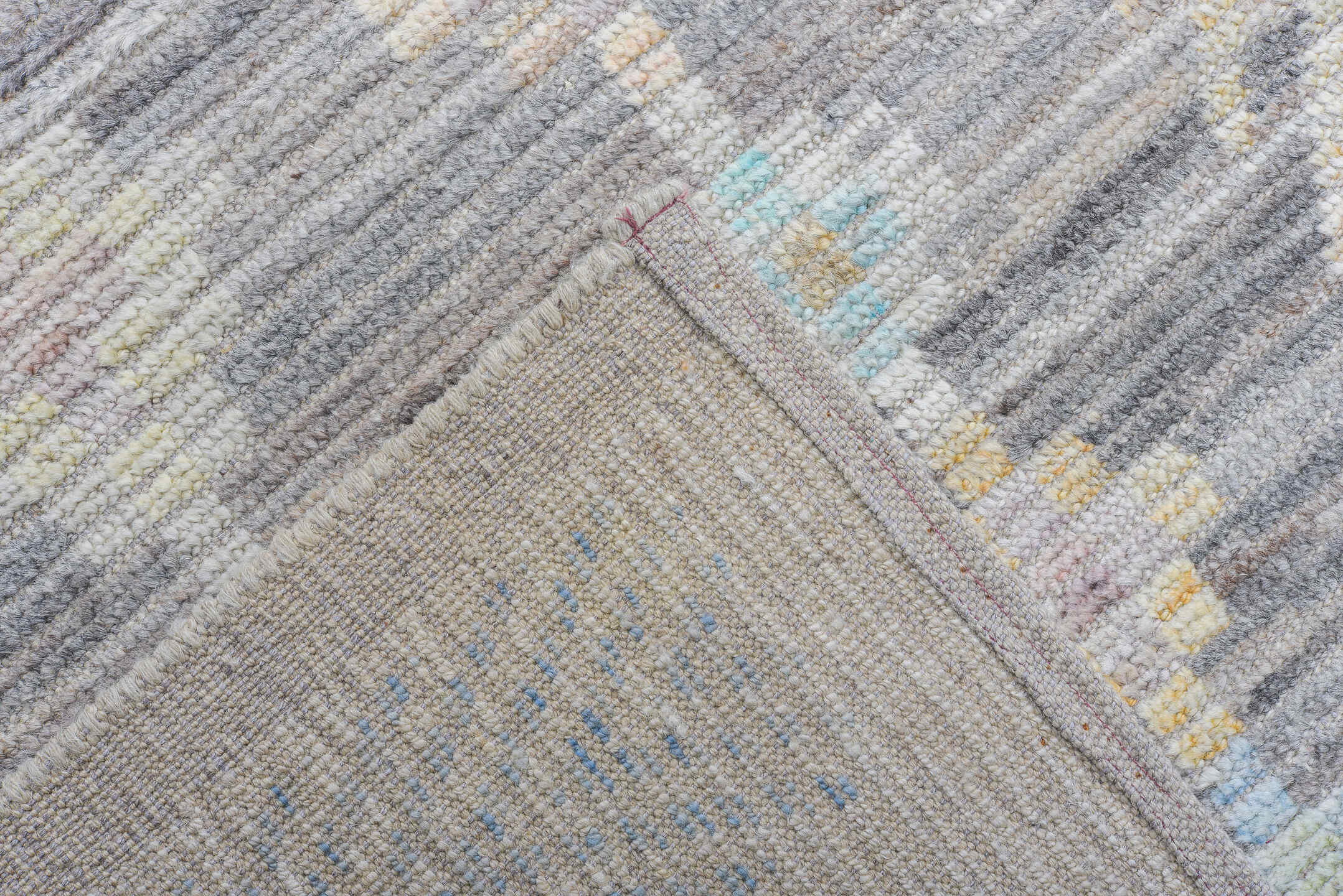 13' x 17' one-of-a-kind handmade vintage Tulu oversize rug. Color palette: ivory, gray, sky_blue, taupe, gold, blush, cream