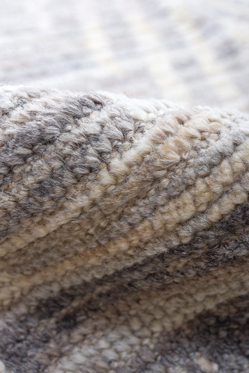 13' x 17' one-of-a-kind handmade vintage Tulu oversize rug. Color palette: ivory, gray, sky_blue, taupe, gold, blush, cream