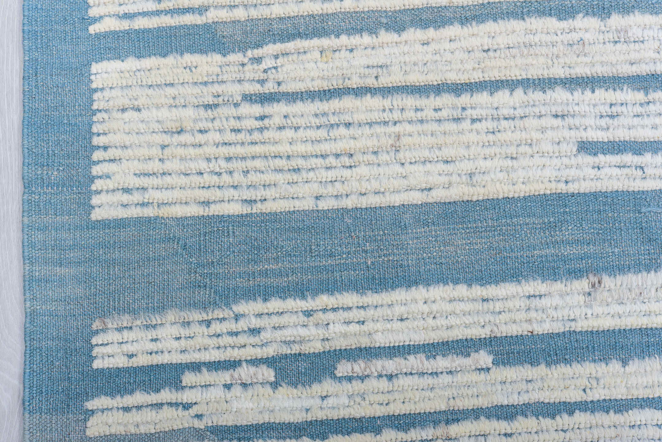 9' x 12' one-of-a-kind handmade vintage Tulu large size rug. Color palette: ivory, sky blue, slate, light blue, gray