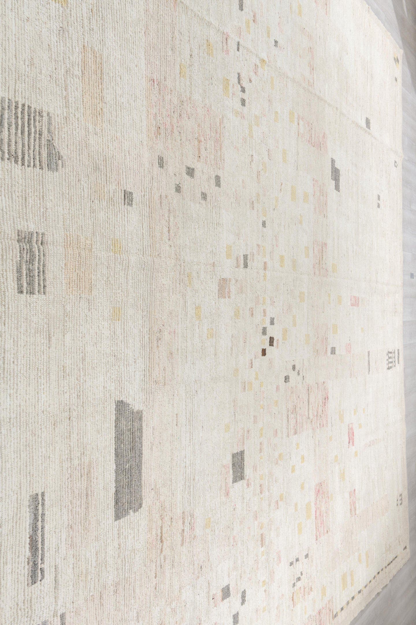 12' x 16' one-of-a-kind handmade vintage Tulu oversize rug. Color palette: ivory, charcoal, cream, pale gold, blush, taupe