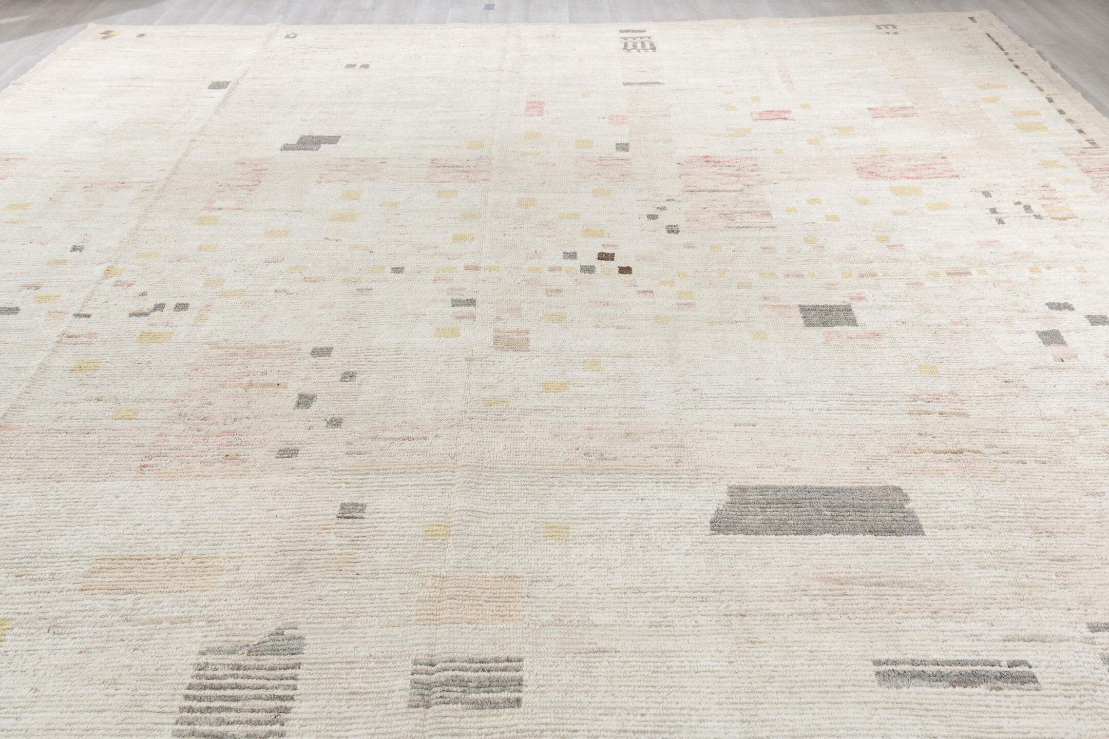 12' x 16' one-of-a-kind handmade vintage Tulu oversize rug. Color palette: beige, brown, floral white, gray, ivory