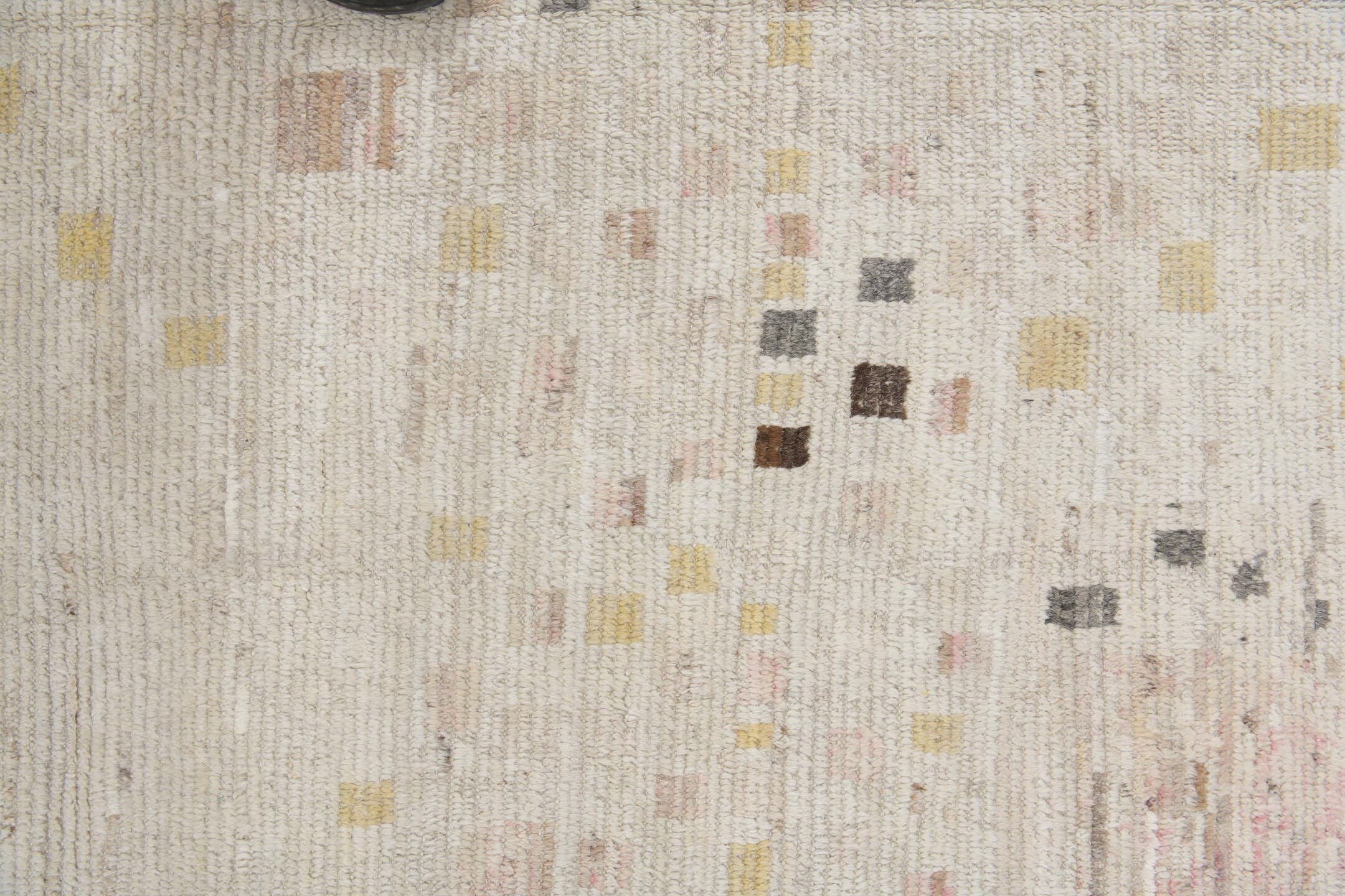 12' x 16' one-of-a-kind handmade vintage Tulu oversize rug. Color palette: ivory, charcoal, cream, pale gold, blush, taupe