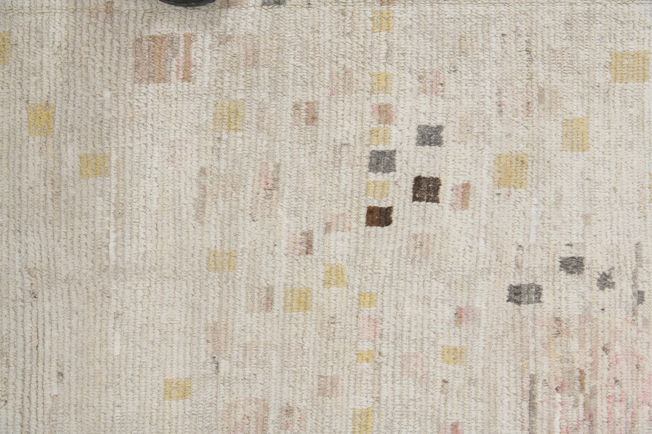 12' x 16' one-of-a-kind handmade vintage Tulu oversize rug. Color palette: ivory, charcoal, cream, pale gold, blush, taupe
