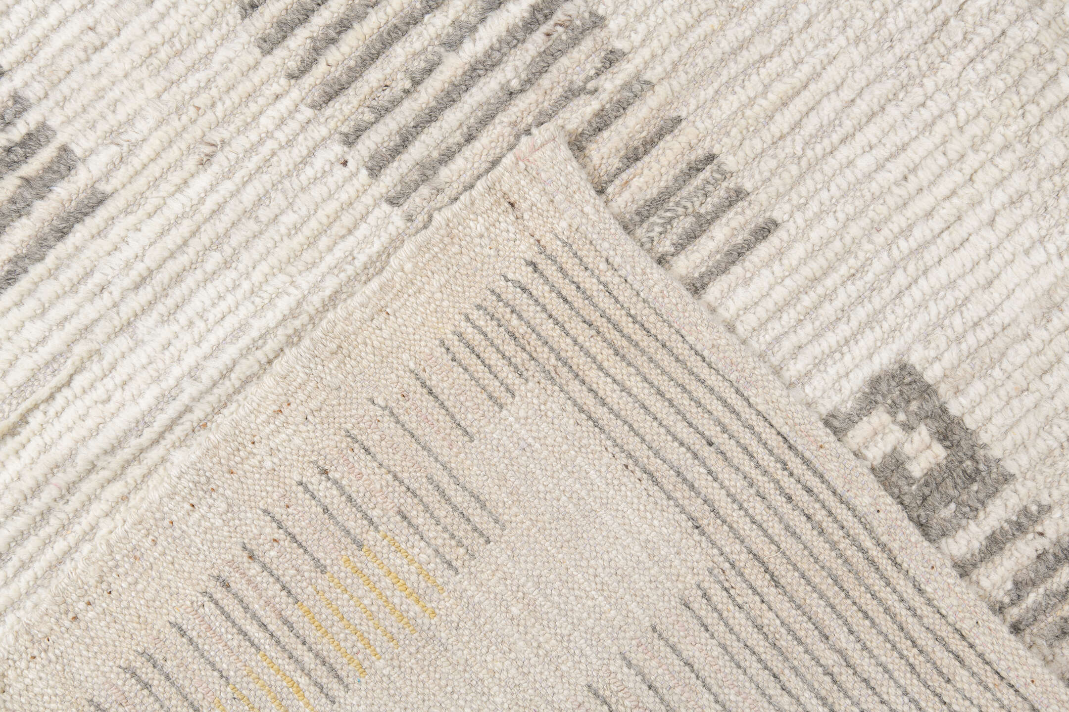 12' x 16' one-of-a-kind handmade vintage Tulu oversize rug. Color palette: ivory, charcoal, cream, pale gold, blush, taupe