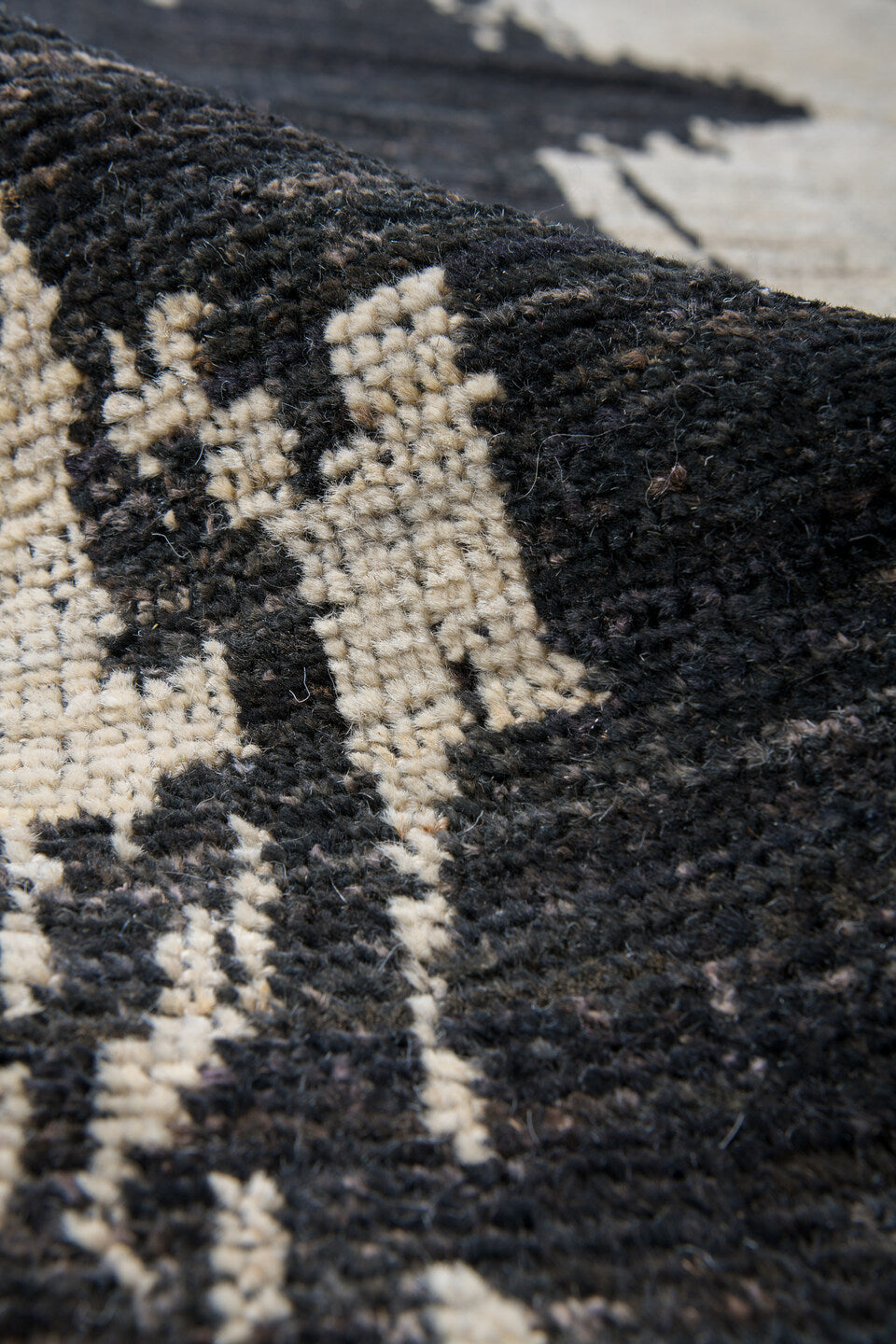 10' x 14' one-of-a-kind handmade vintage Tulu large size rug. Color palette: ivory, charcoal, black, cream, gray