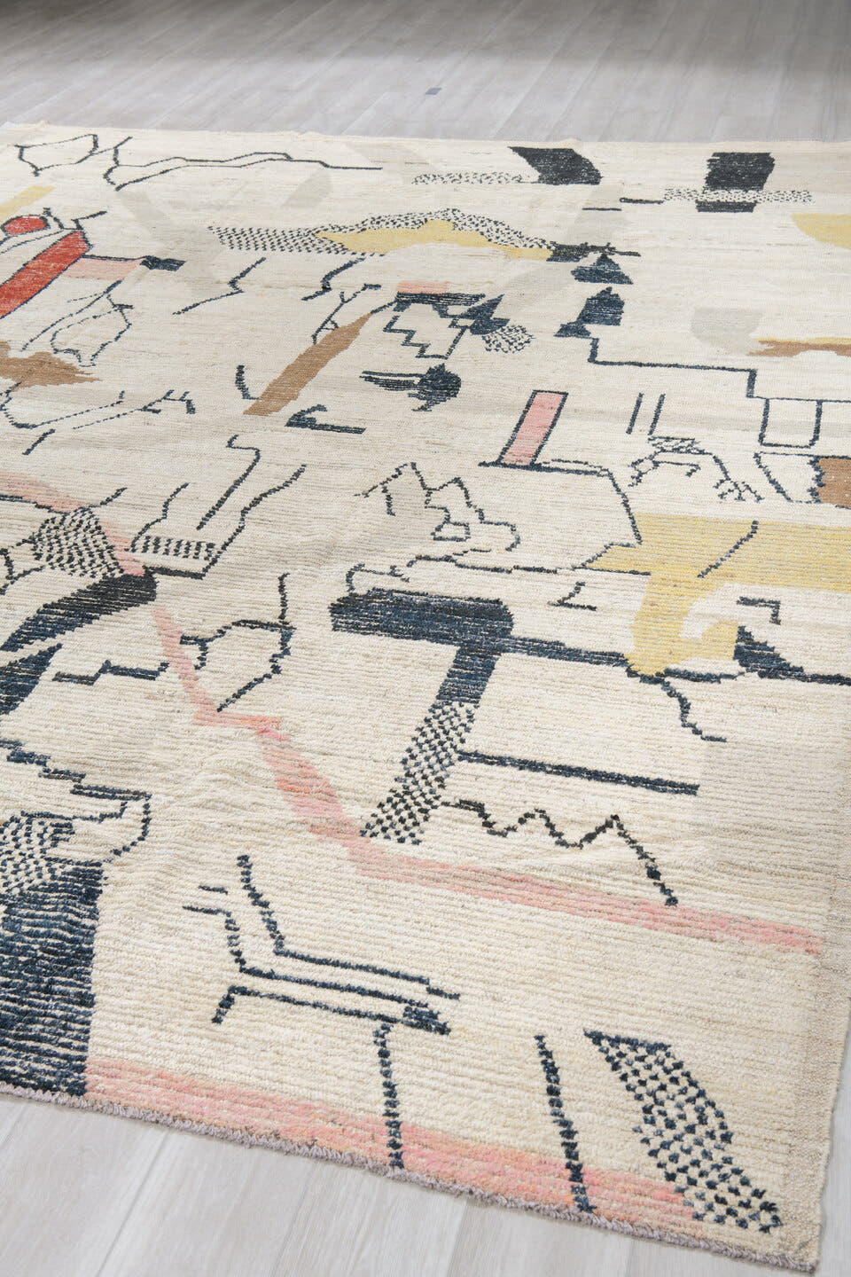 10' x 14' one-of-a-kind handmade vintage Tulu oversize rug. Color palette: ivory, charcoal, blush, coral, saffron, camel