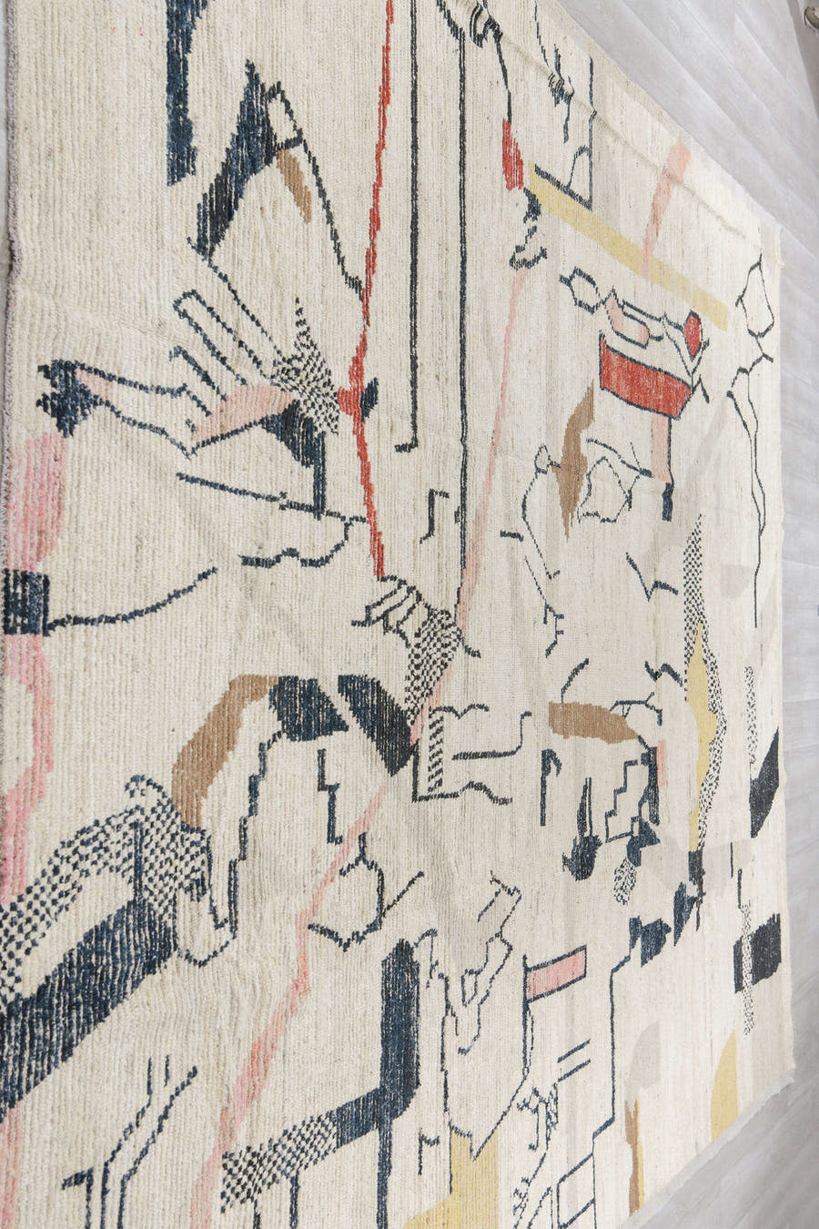 10' x 14' one-of-a-kind handmade vintage Tulu oversize rug. Color palette: ivory, charcoal, blush, coral, saffron, camel