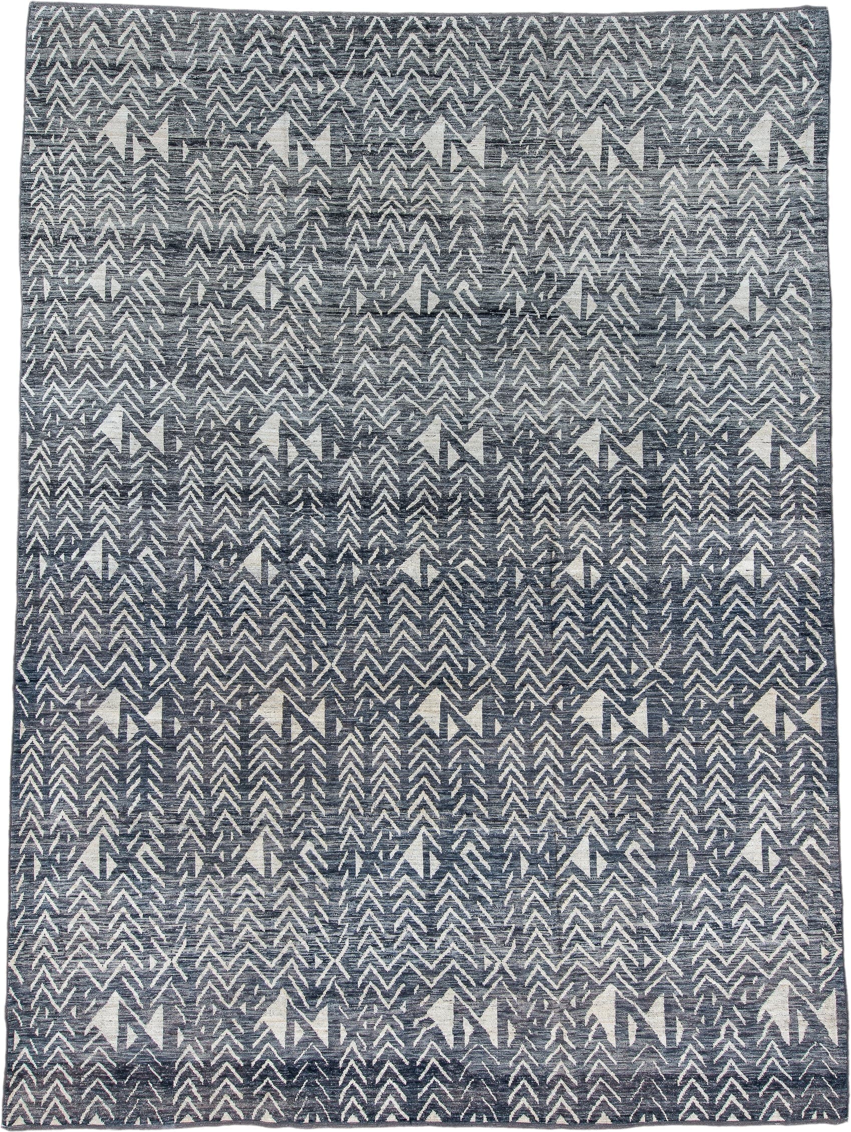 10' x 14' one-of-a-kind handmade vintage Tulu large size rug. Color palette: charcoal, ivory, slate, gray, black
