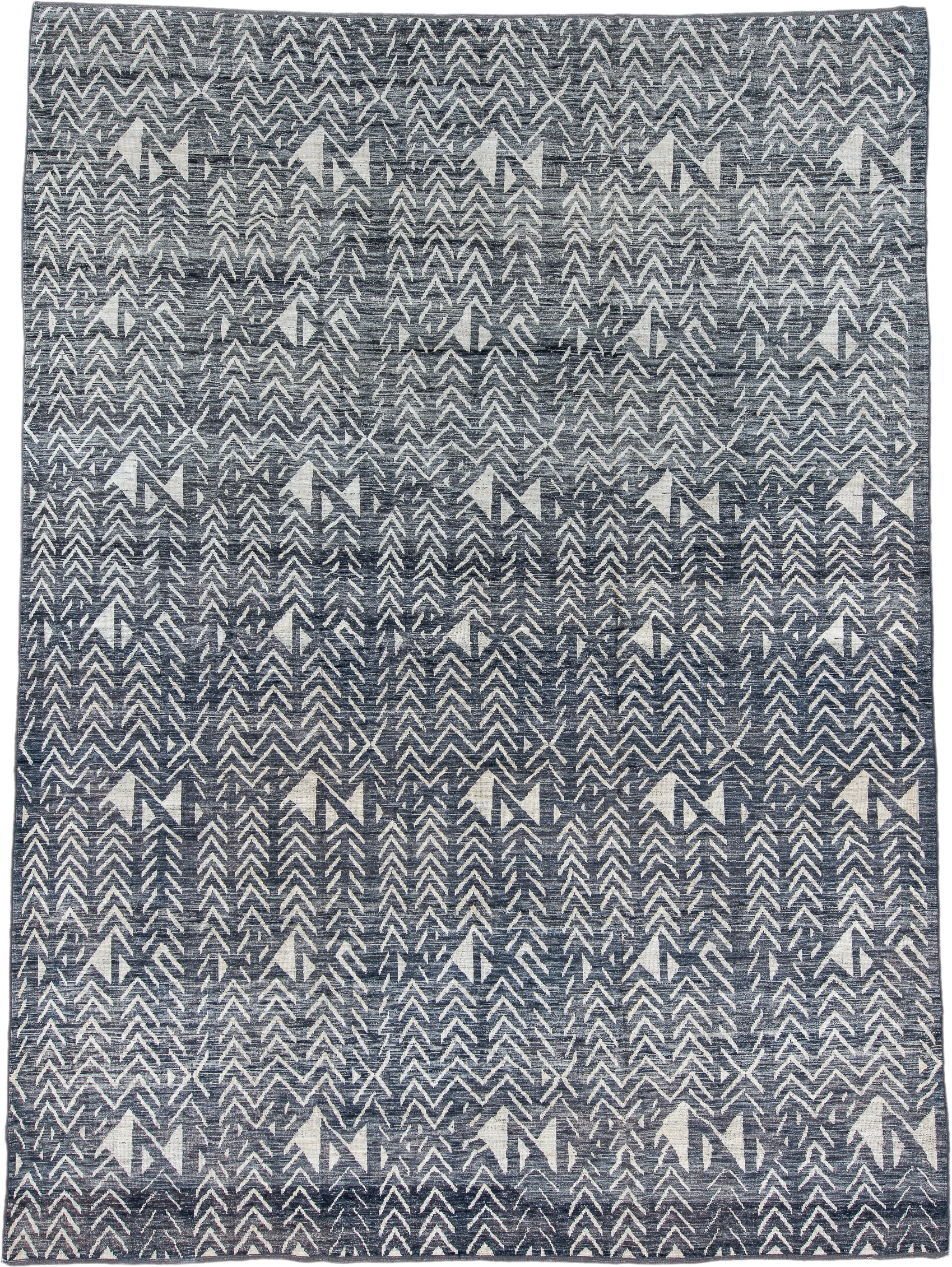 10' x 14' one-of-a-kind handmade vintage Tulu large size rug. Color palette: charcoal, ivory, slate, gray, black