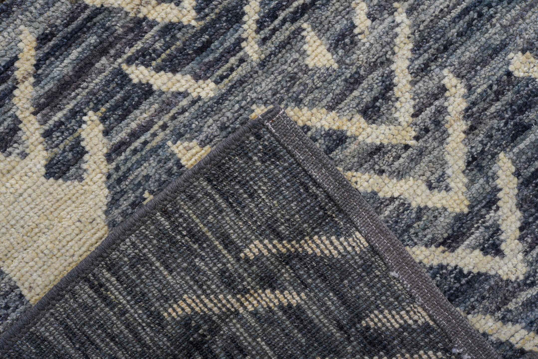 10' x 14' one-of-a-kind handmade vintage Tulu large size rug. Color palette: black, blue, dark gray, gray, light blue