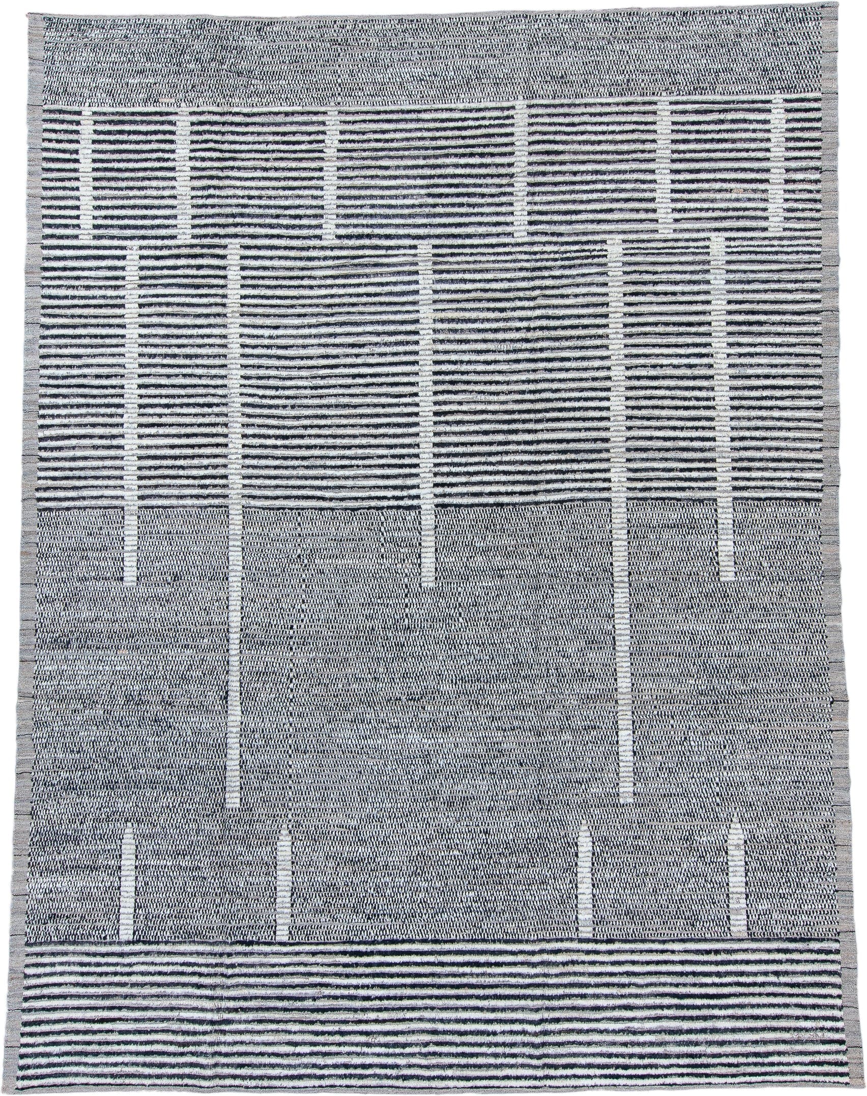 9' x 12' one-of-a-kind handmade vintage Tulu large size rug. Color palette: charcoal, ivory, gray, black