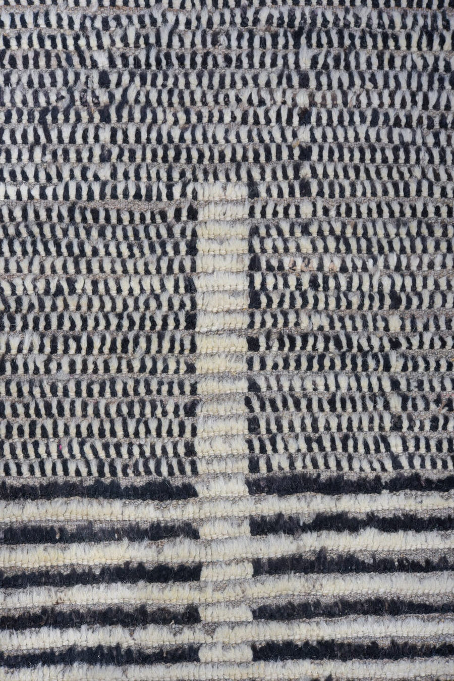 9' x 12' one-of-a-kind handmade vintage Tulu large size rug. Color palette: charcoal, ivory, gray, black