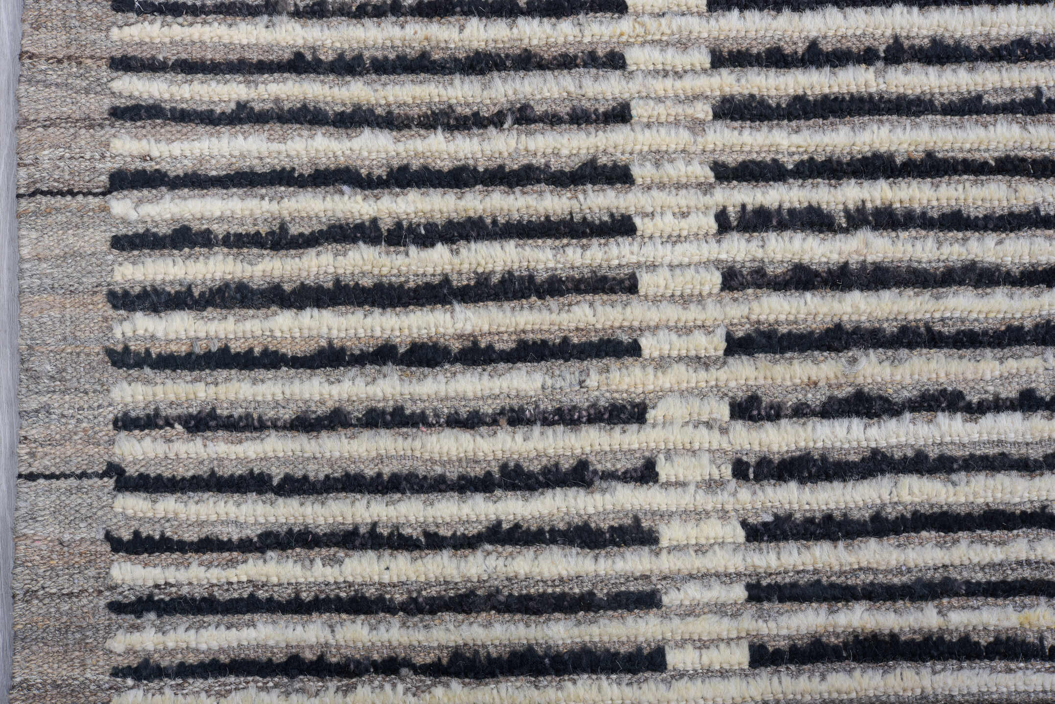 9' x 12' one-of-a-kind handmade vintage Tulu large size rug. Color palette: charcoal, ivory, gray, black