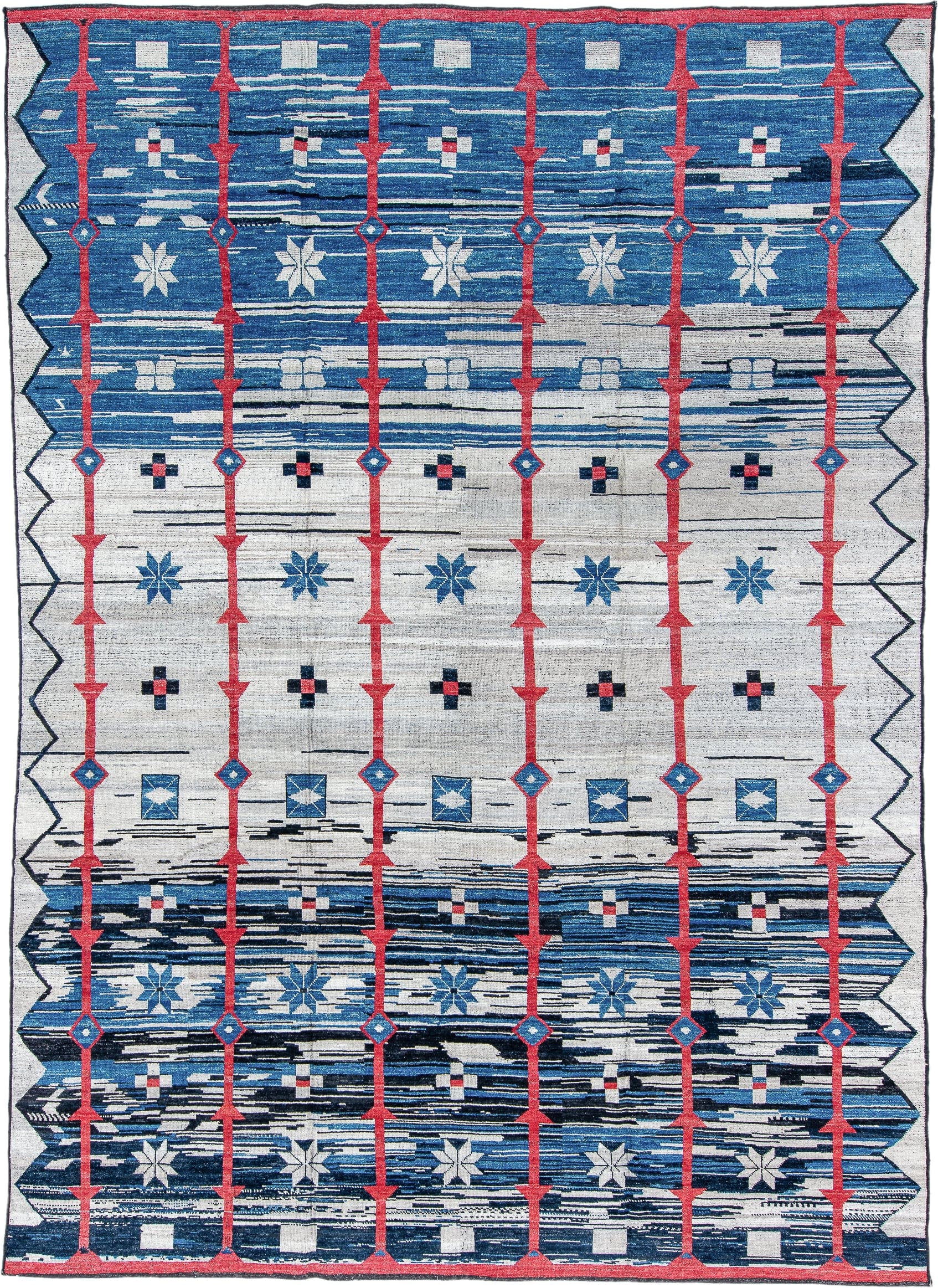 10' x 14' one-of-a-kind handmade vintage Tulu large size rug. Color palette: ivory, blue, coral, navy, sky_blue, charcoal