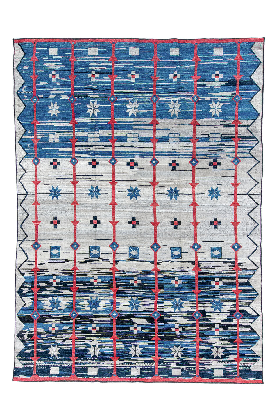10' x 14' one-of-a-kind handmade vintage Tulu large size rug. Color palette: black, blue, brown, dark gray, gainsboro, gray
