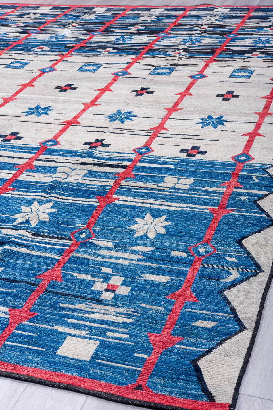 10' x 14' one-of-a-kind handmade vintage Tulu large size rug. Color palette: ivory, blue, coral, navy, sky_blue, charcoal