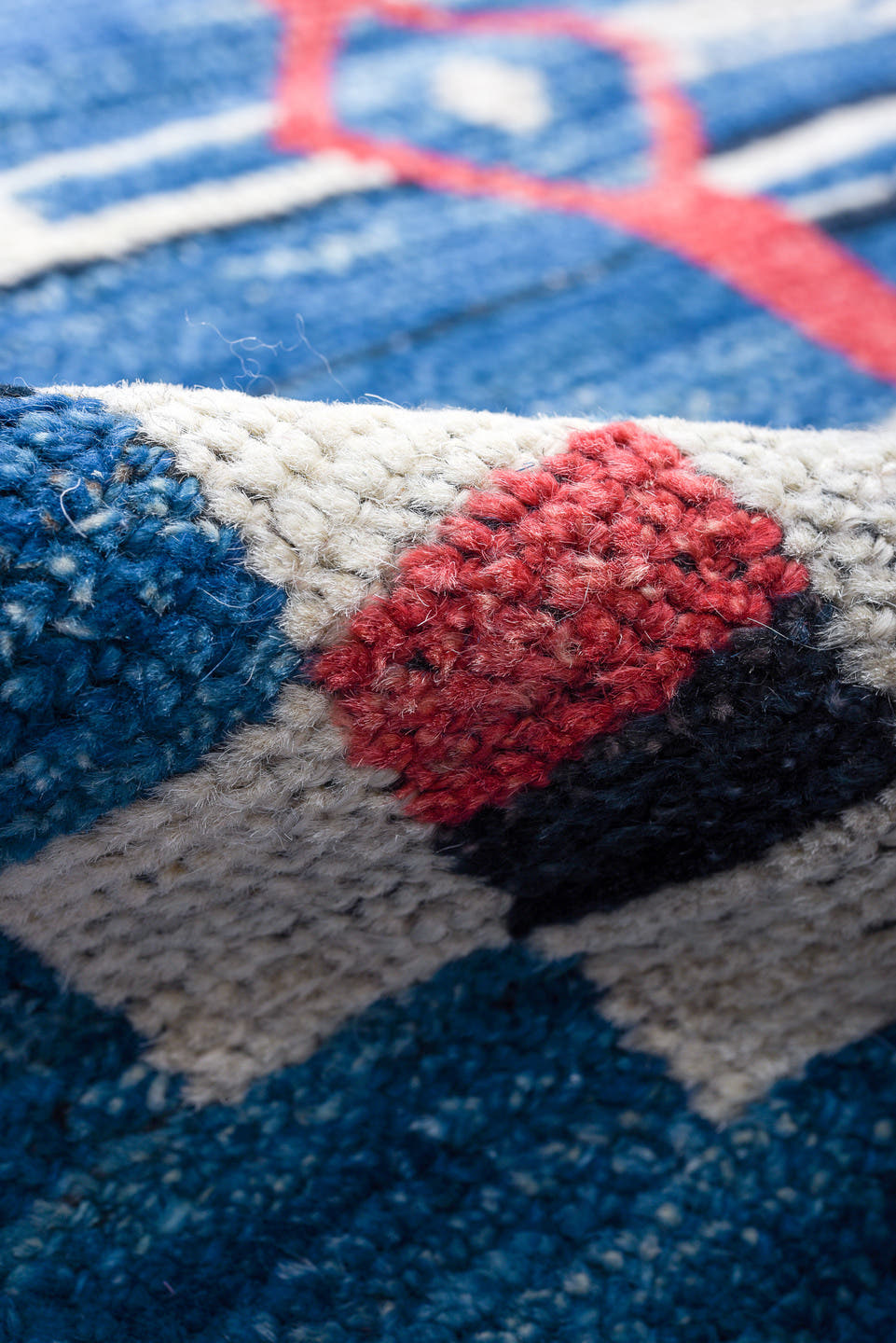 10' x 14' one-of-a-kind handmade vintage Tulu large size rug. Color palette: ivory, blue, coral, navy, sky_blue, charcoal