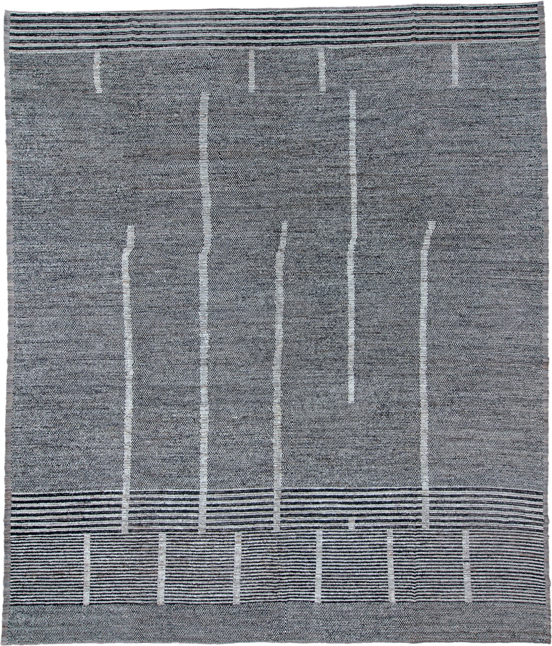 13' x 15' one-of-a-kind handmade vintage Tulu oversize rug. Color palette: gray, charcoal, ivory, slate, black