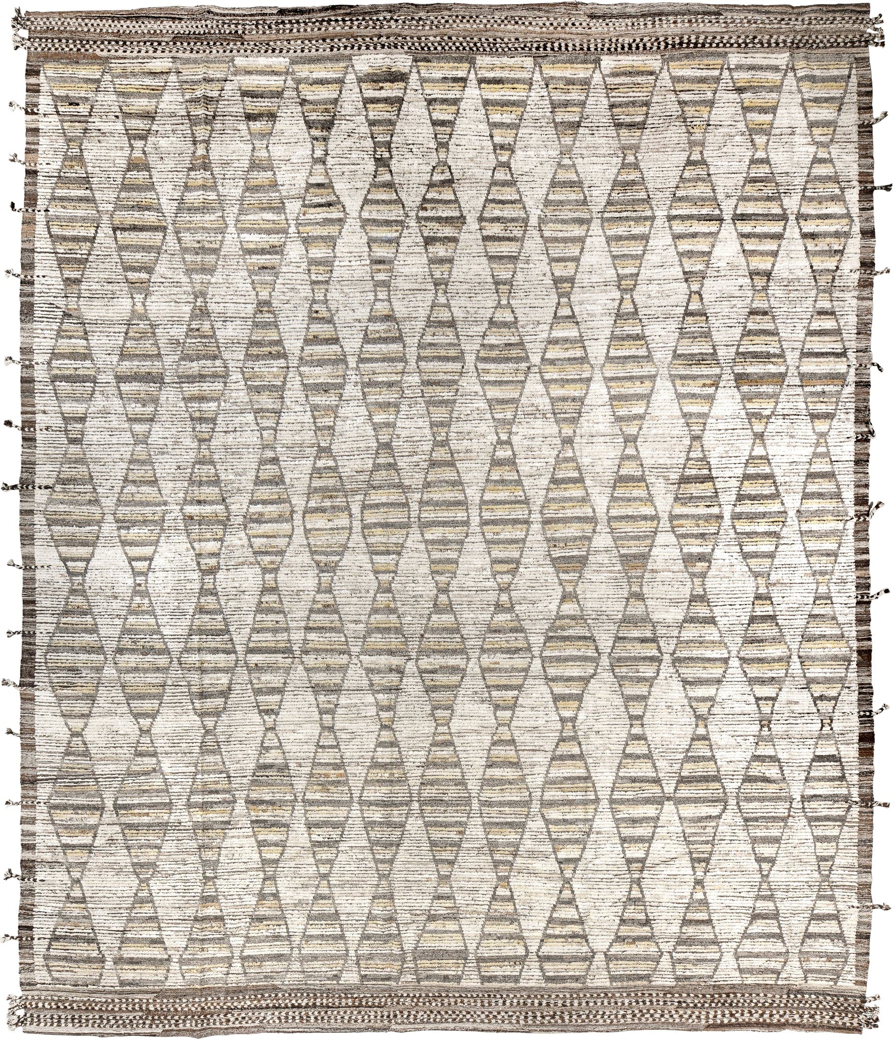 13' x 16' one-of-a-kind handmade vintage Tulu oversize rug. Color palette: ivory, taupe, brown, pale gold, charcoal, beige