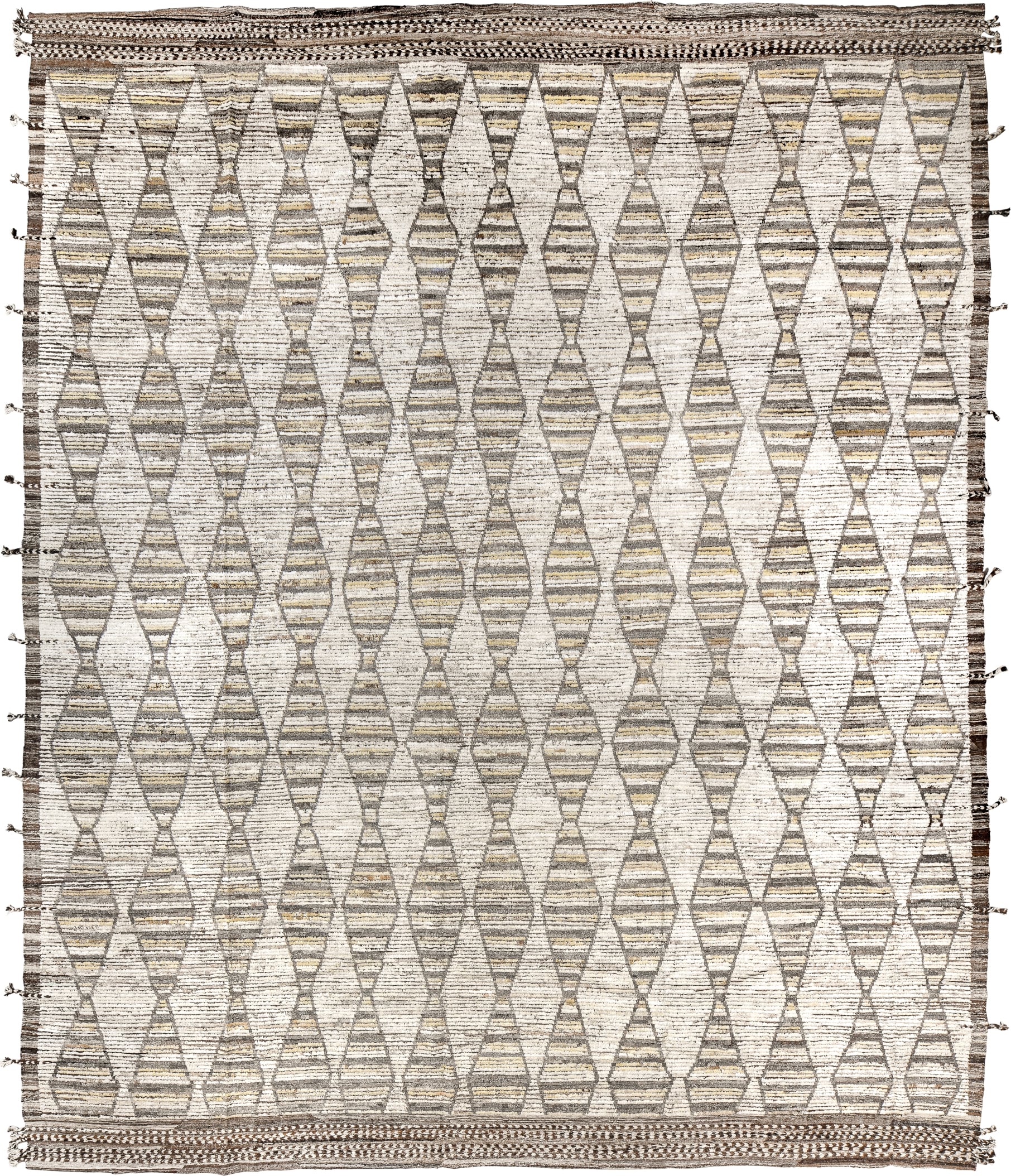13' x 16' one-of-a-kind handmade vintage Tulu oversize rug. Color palette: ivory, taupe, brown, pale gold, charcoal, beige