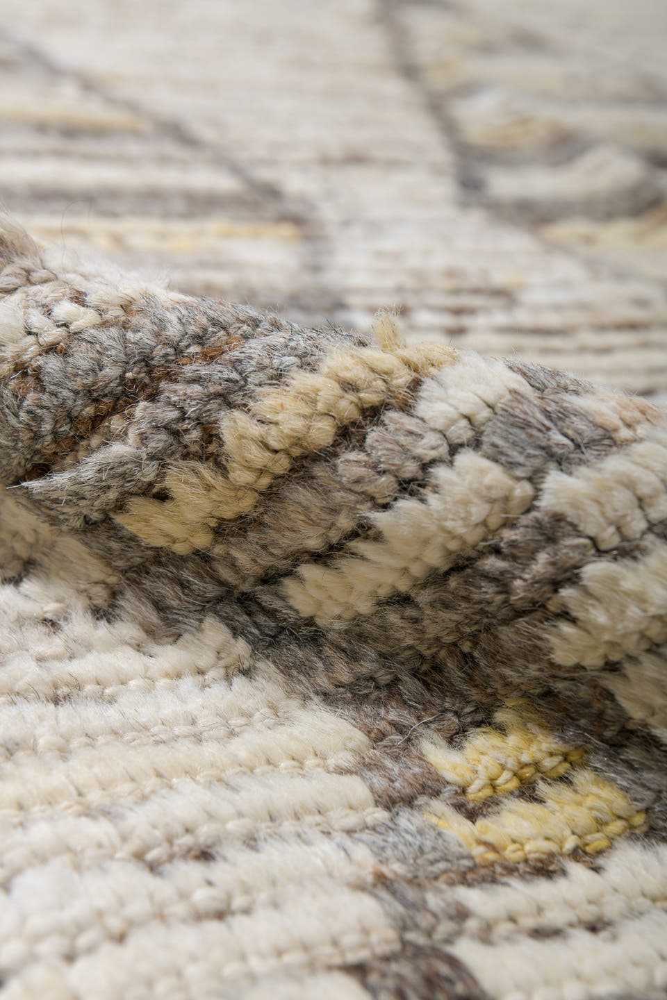 13' x 16' one-of-a-kind handmade vintage Tulu oversize rug. Color palette: ivory, taupe, brown, pale gold, charcoal, beige