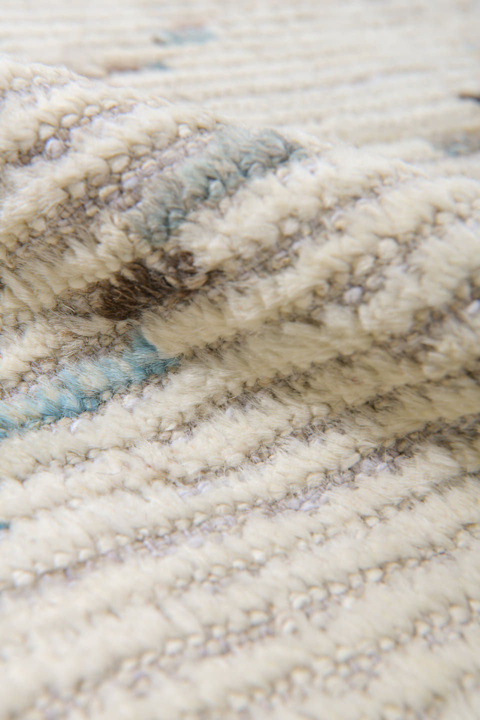 10' x 13' one-of-a-kind handmade vintage Tulu large size rug. Color palette: ivory, cream, charcoal, pale blue, taupe, beige
