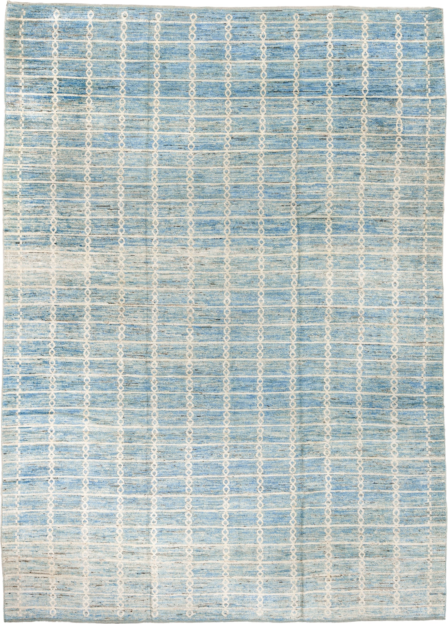 10' x 14' one-of-a-kind handmade vintage Tulu large size rug. Color palette: sky blue, ivory, cream, slate, taupe