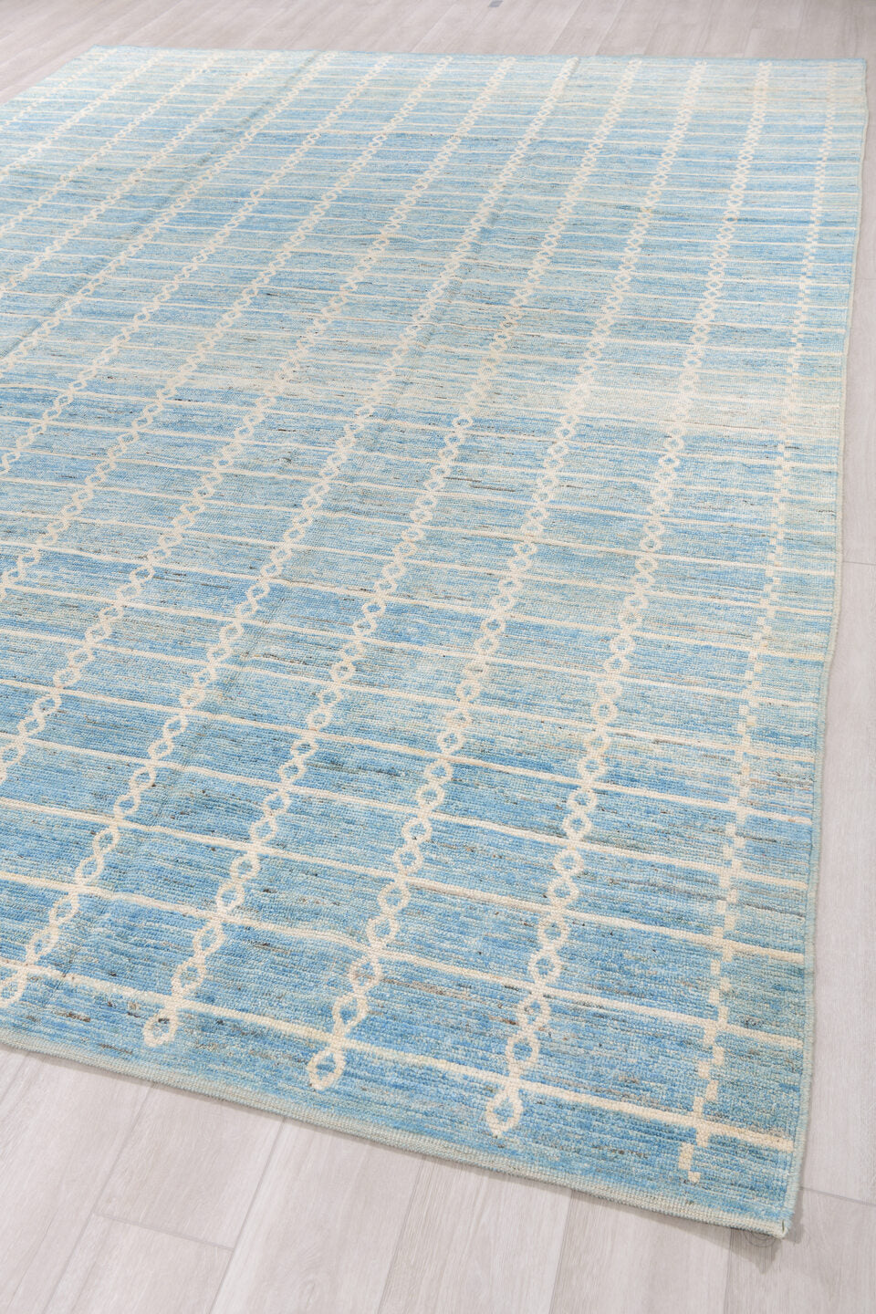 10' x 14' one-of-a-kind handmade vintage Tulu large size rug. Color palette: sky blue, ivory, cream, slate, taupe
