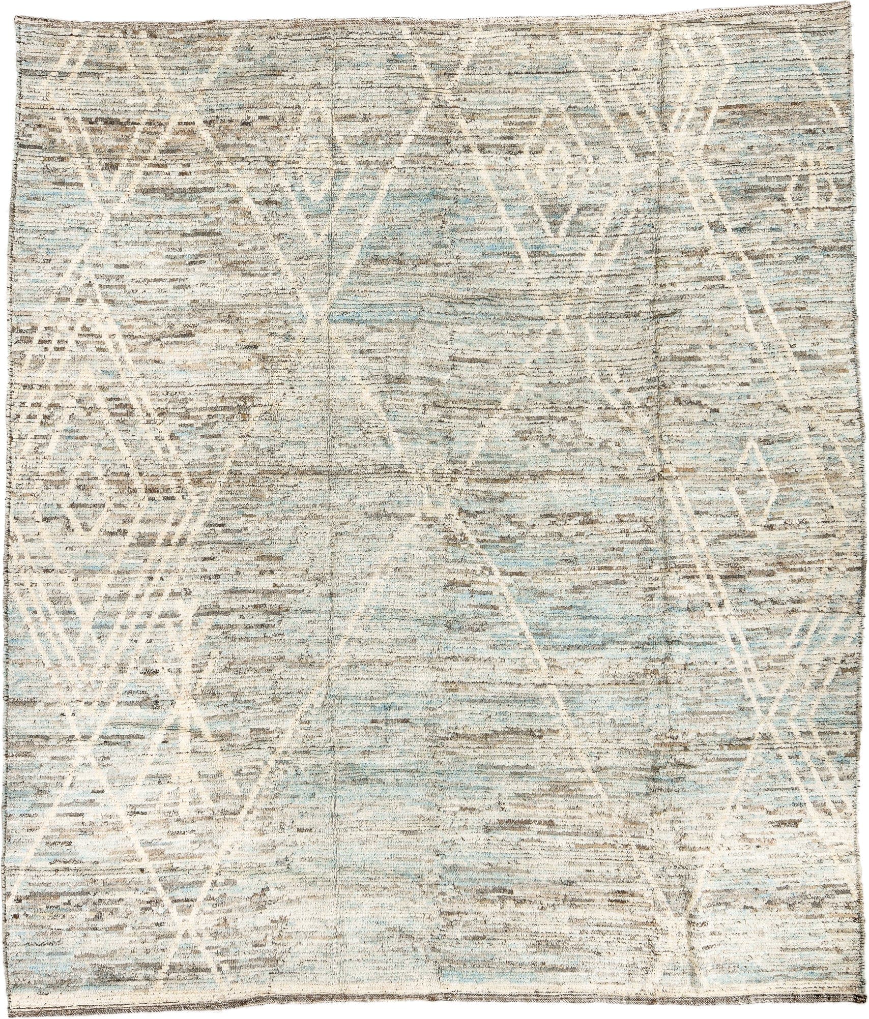8' x 9' one-of-a-kind handmade vintage Tulu rug. Color palette: ivory, taupe, pale blue, beige, gray, cream, light blue