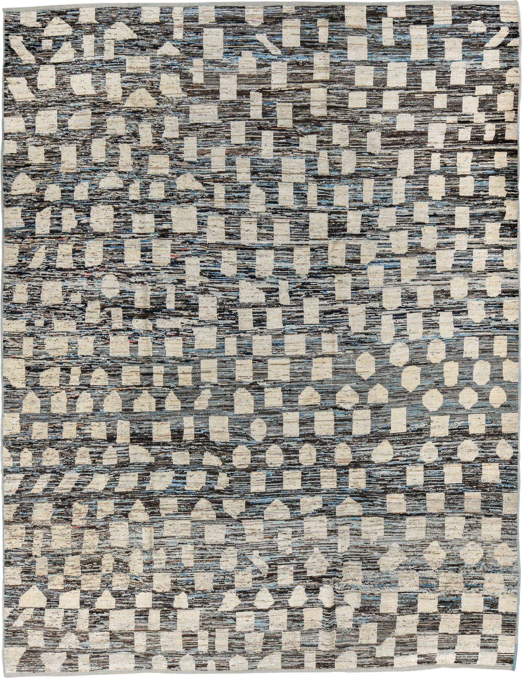 9' x 12' one-of-a-kind handmade vintage Tulu large size rug. Color palette: gray, ivory, charcoal, sky blue, cream, black